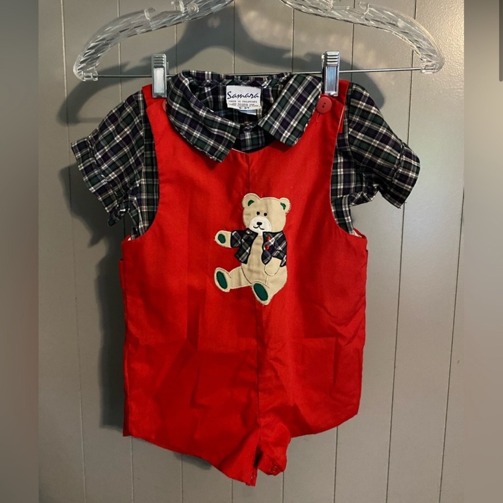 Vintage Samara Red Plaid Teddy Bear Kids One Piece